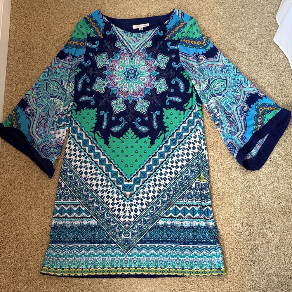 Sandra Darren Blue and Green Patterned Dress
